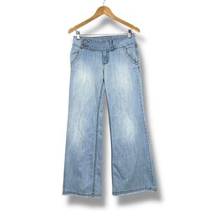 LEI Denim Wide Leg Flare Jeans Womens 7 Light Blue Wash Distressed Y2K Retro